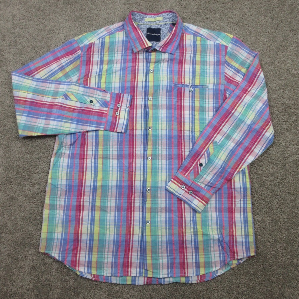 Tommy‎ Bahama Shirt Mens Extra Large Madras Plaid Flip Collar Button Up Collared